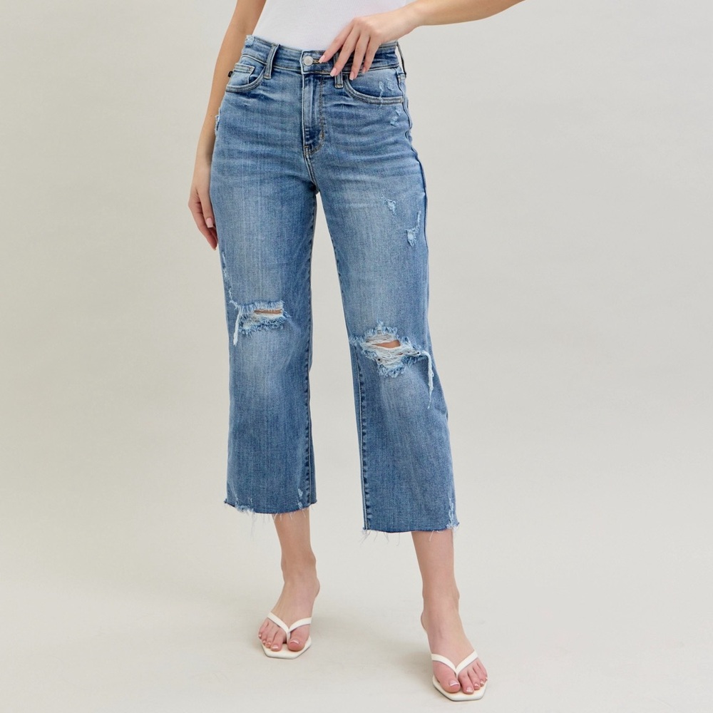 Judy Blue Full Size High Waist Destroy Crop Wide Leg Jeans Plus Size - Picture 9 of 16